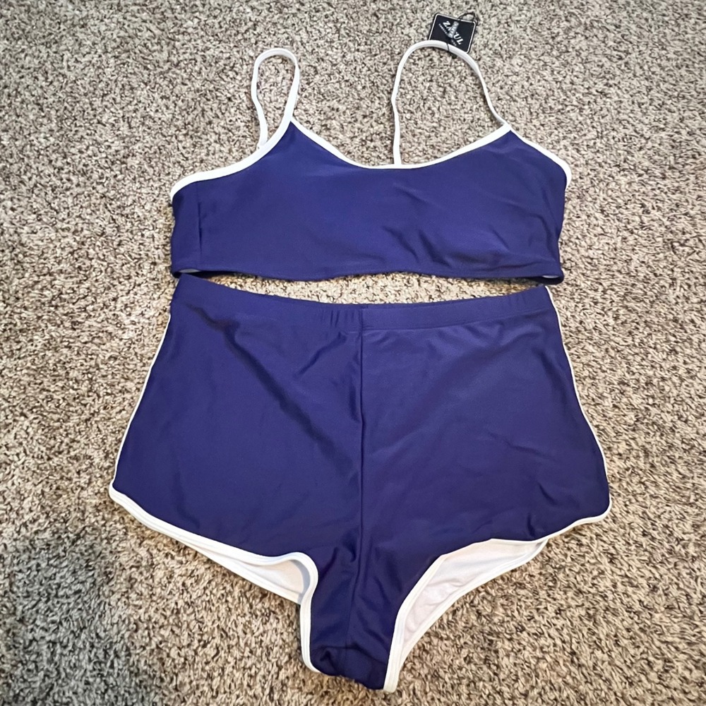 Zaful Womens Navy Blue High Waisted Bikini Set Contrast Trim XXL US 12 New